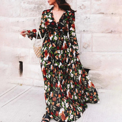 Anaïs - Robe Invitée Mariage Femme Bohème Longue Fleurie Col V et Manches Longues