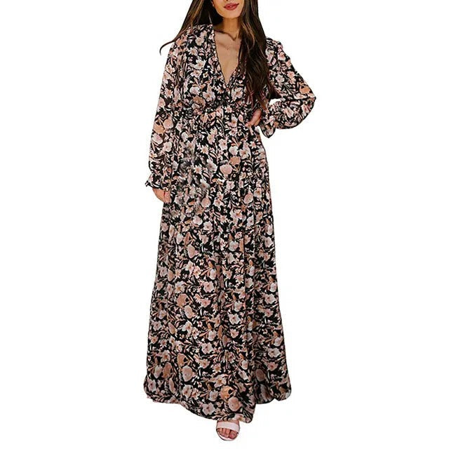 Anaïs - Robe Invitée Mariage Femme Bohème Longue Fleurie Col V et Manches Longues