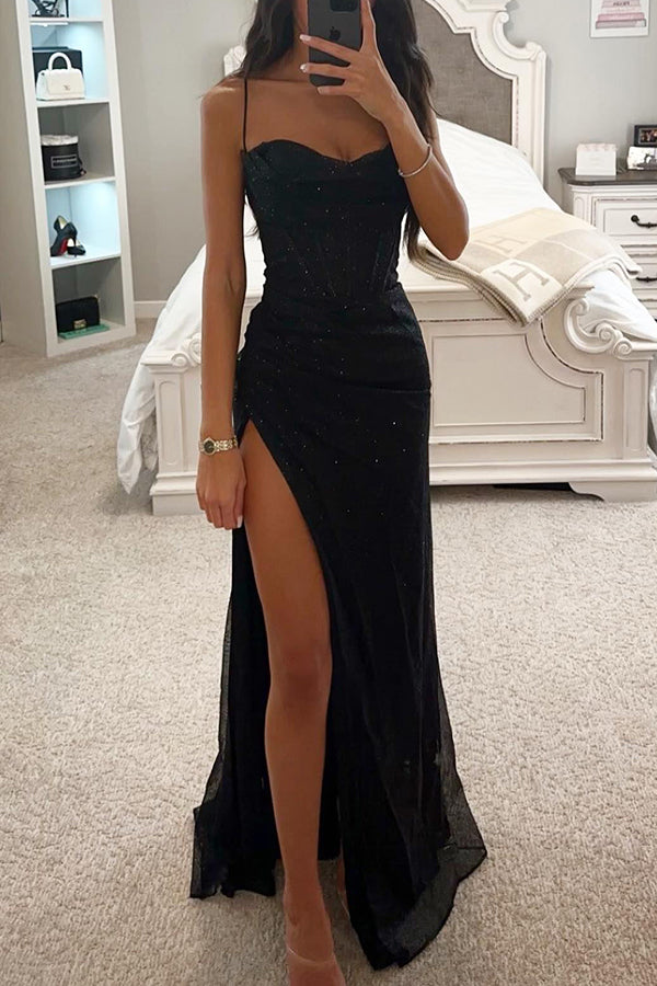 Anaïs - Robe Invitée Mariage Femme Glamour à Bretelles Fines avec Encolure en Cœur et Fente Haute