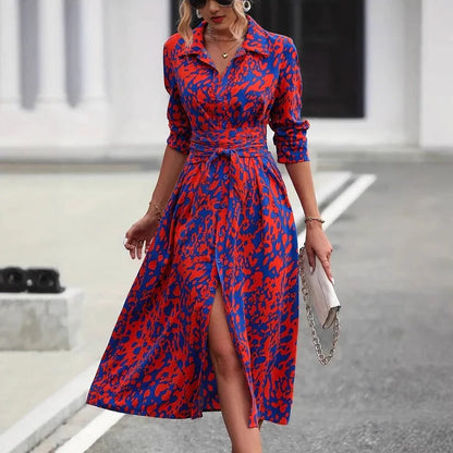 Anaïs - Robe Longue Chic Femme avec Ceinture et Col Chemise Imprimé