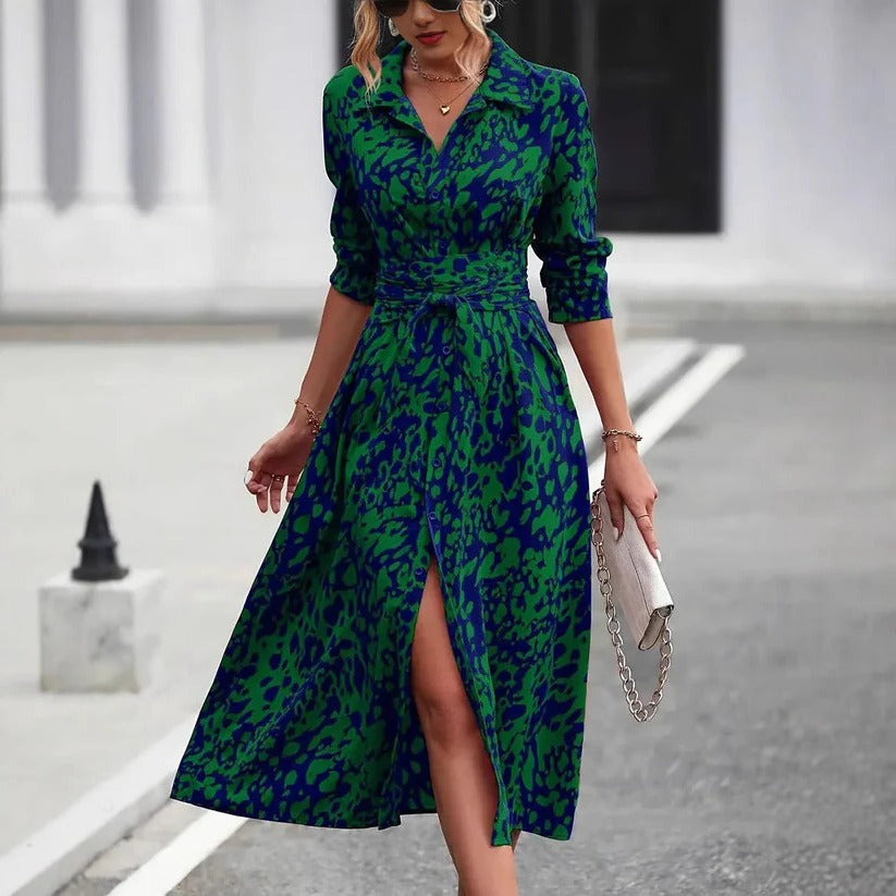 Anaïs - Robe Longue Chic Femme avec Ceinture et Col Chemise Imprimé
