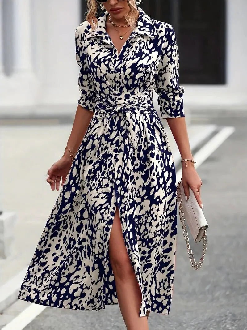 Anaïs - Robe Longue Chic Femme avec Ceinture et Col Chemise Imprimé