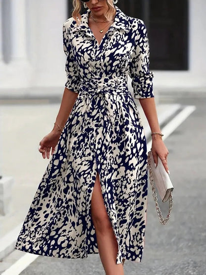 Anaïs - Robe Longue Chic Femme avec Ceinture et Col Chemise Imprimé