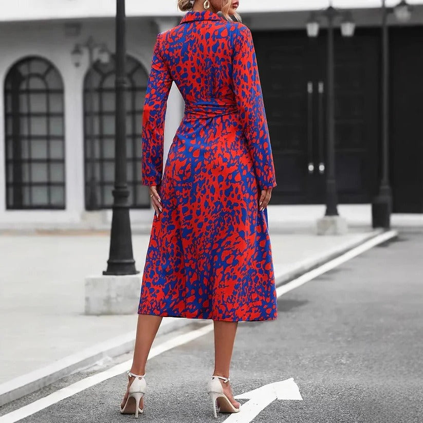 Anaïs - Robe Longue Chic Femme avec Ceinture et Col Chemise Imprimé