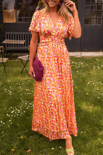Anaïs - Robe Maxi d'Été Femme Fleurie Col V avec Ceinture et Manches Courtes Bohème