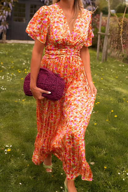 Anaïs - Robe Maxi d'Été Femme Fleurie Col V avec Ceinture et Manches Courtes Bohème