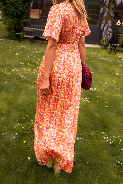 Anaïs - Robe Maxi d'Été Femme Fleurie Col V avec Ceinture et Manches Courtes Bohème
