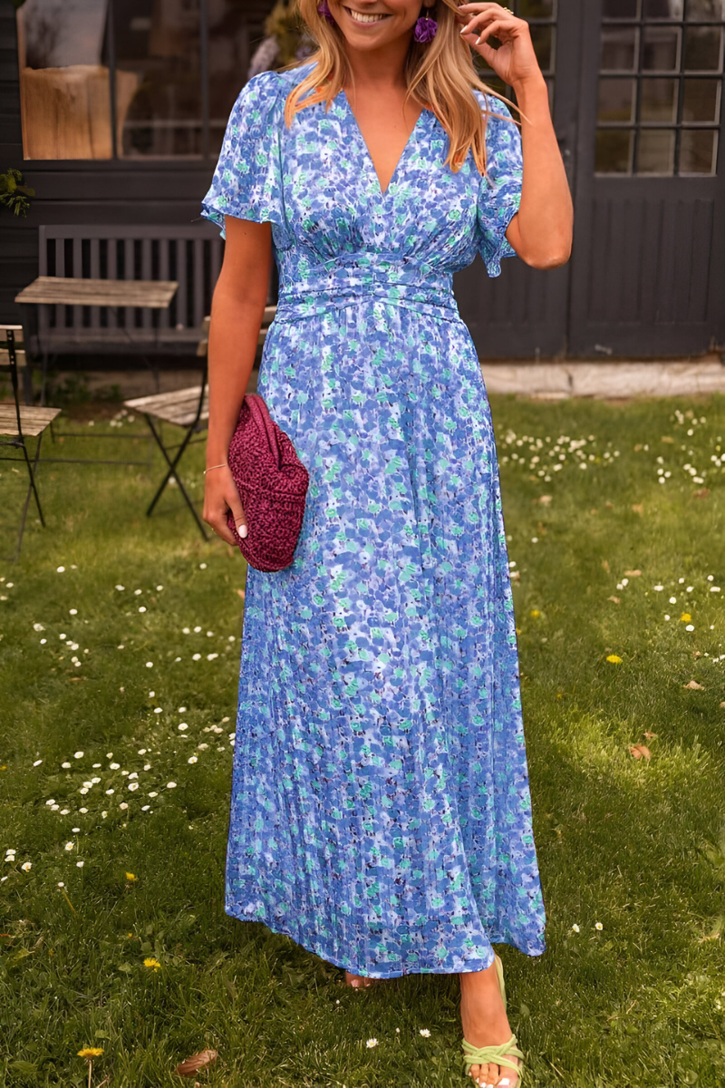 Anaïs - Robe Maxi d'Été Femme Fleurie Col V avec Ceinture et Manches Courtes Bohème
