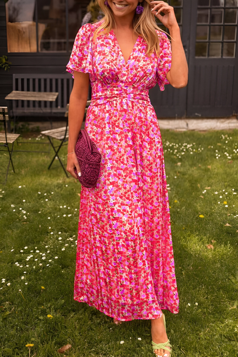 Anaïs - Robe Maxi d'Été Femme Fleurie Col V avec Ceinture et Manches Courtes Bohème