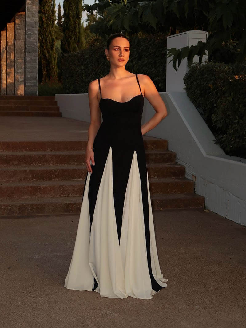 Anaïs - Robe Maxi Élégante Invitée Mariage Femme avec Bustier et Jupe Bicolore Évasée