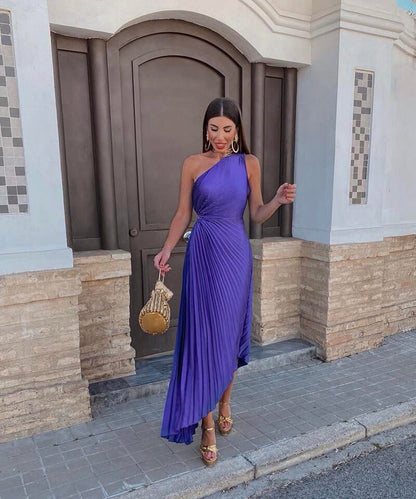 Anaïs - Robe Midi Chic Invitée Mariage Femme avec Épaule Asymétrique et Jupe Plissée Drapée
