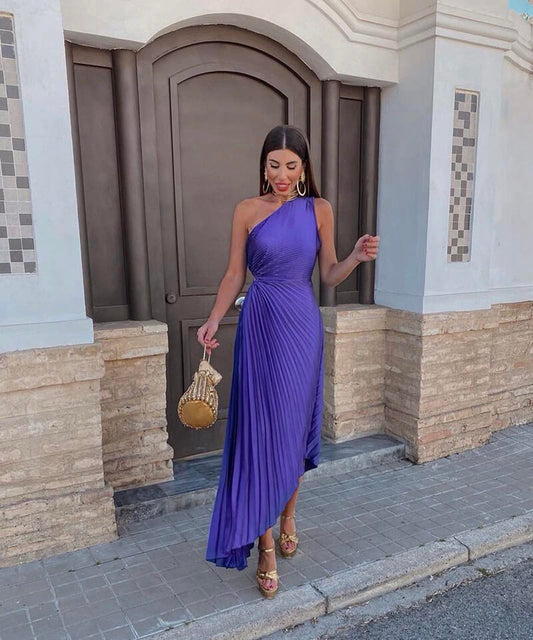 Anaïs - Robe Midi Chic Invitée Mariage Femme avec Épaule Asymétrique et Jupe Plissée Drapée