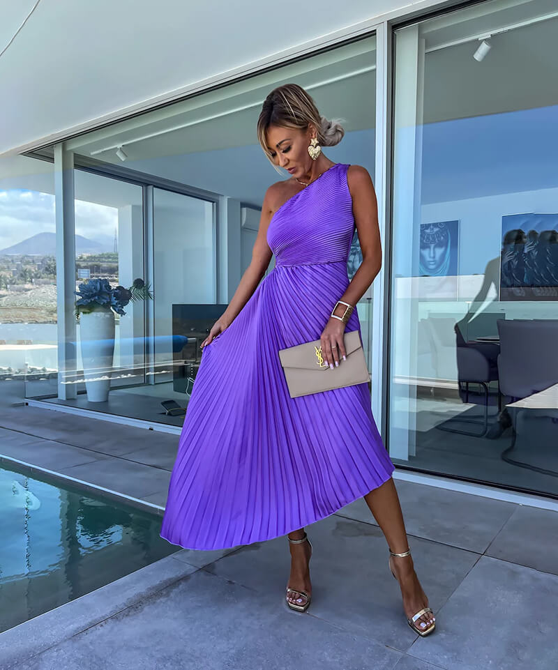 Anaïs - Robe Midi Chic Invitée Mariage Femme avec Épaule Asymétrique et Jupe Plissée Drapée