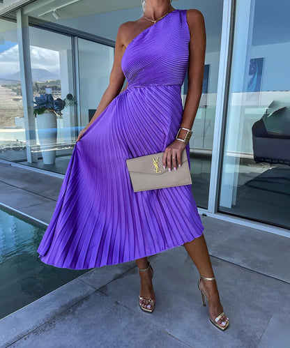 Anaïs - Robe Midi Chic Invitée Mariage Femme avec Épaule Asymétrique et Jupe Plissée Drapée