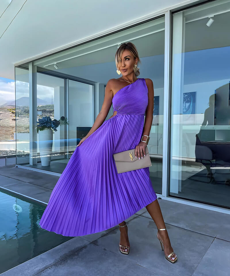 Anaïs - Robe Midi Chic Invitée Mariage Femme avec Épaule Asymétrique et Jupe Plissée Drapée