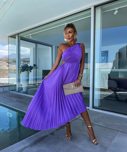 Anaïs - Robe Midi Chic Invitée Mariage Femme avec Épaule Asymétrique et Jupe Plissée Drapée