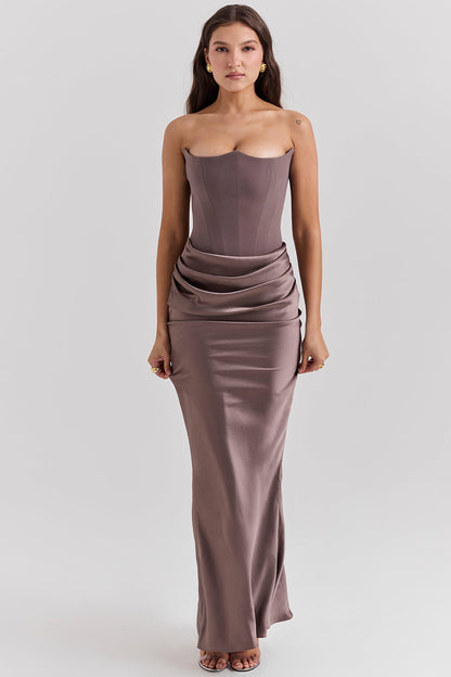 Anaïs - Robe Invitée Mariage Femme Sexy Longue Bustier sans Bretelles avec Drapé