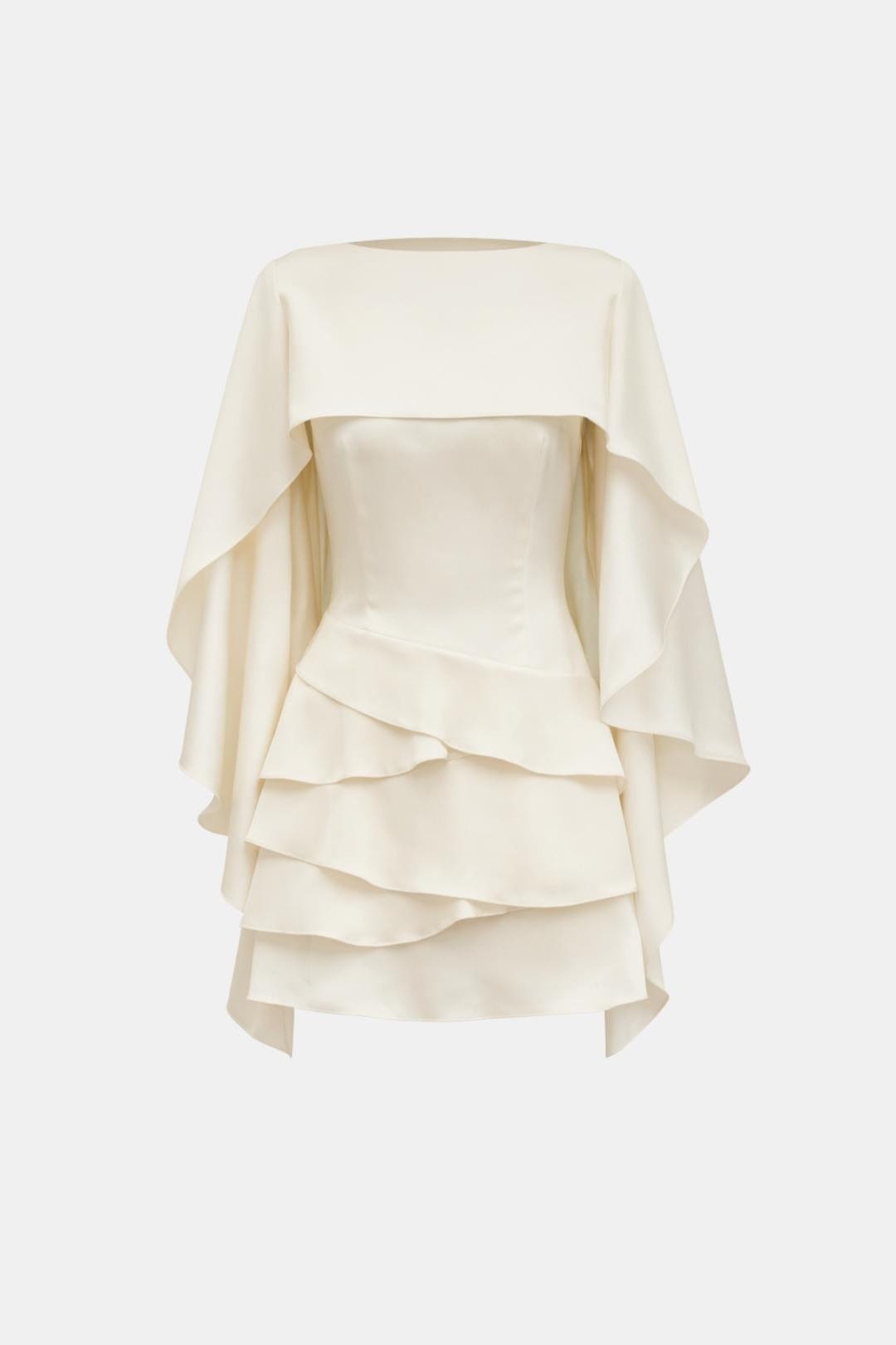 Anaïs - Robe de Soirée Courte Femme Glamour avec Cape Intégrée et Jupe à Volants