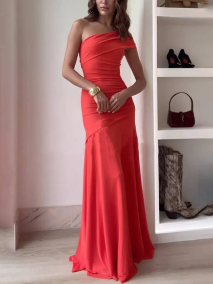 Aurélie - Robe Invitée Mariage Femme Chic à une Épaule avec Drapé Froncé et Coupe Ajustée Maxi