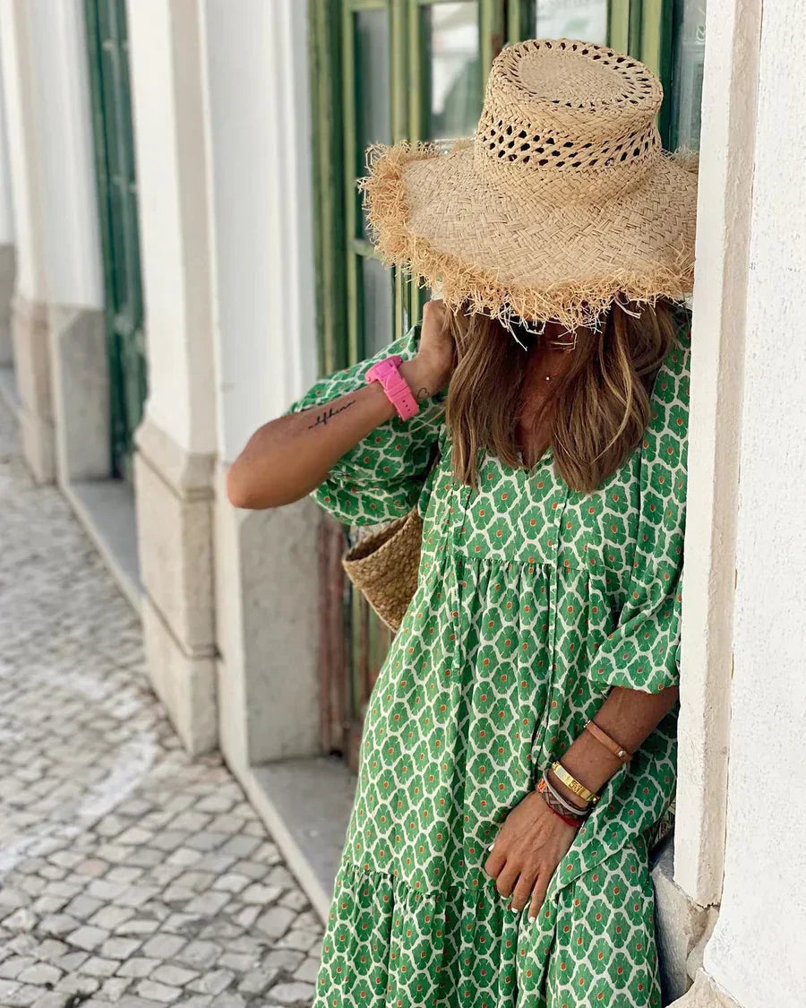 Béatrice - Robe Maxi d'Été Femme à Imprimé Graphique Col V Ample avec Manches Courtes Bohème