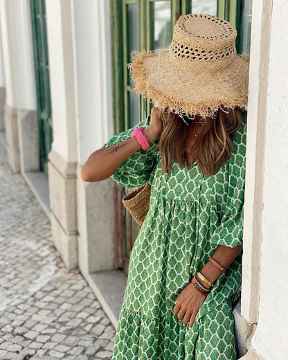 Béatrice - Robe Maxi d'Été Femme à Imprimé Graphique Col V Ample avec Manches Courtes Bohème