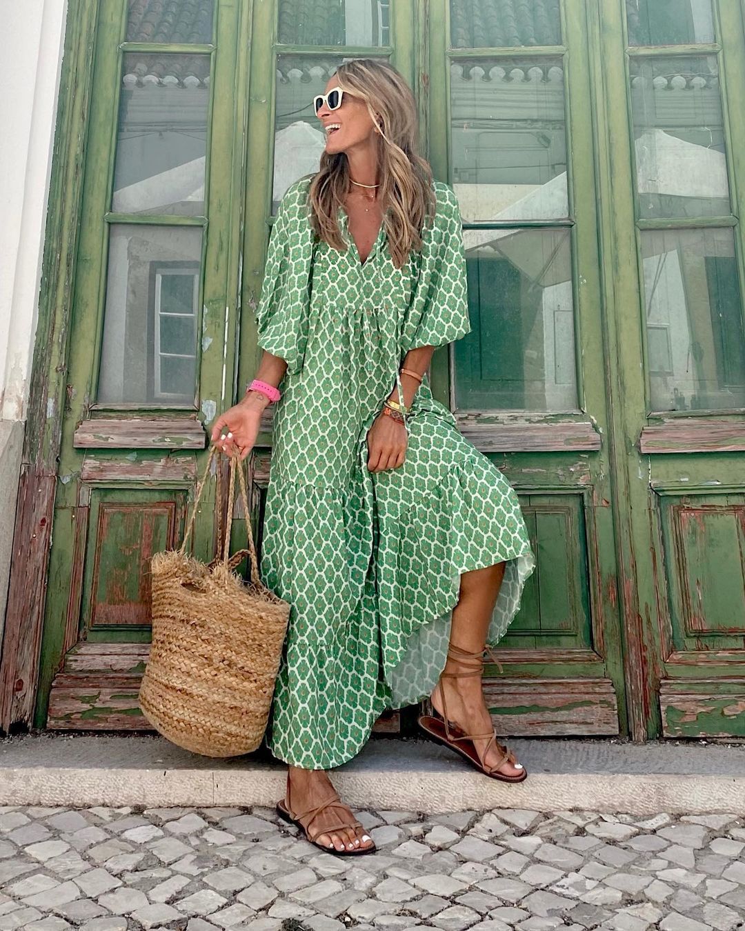 Béatrice - Robe Maxi d'Été Femme à Imprimé Graphique Col V Ample avec Manches Courtes Bohème