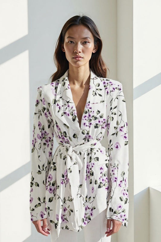 Blazer Femme | Fluide et Fleurie | Blanc à Motif Violet