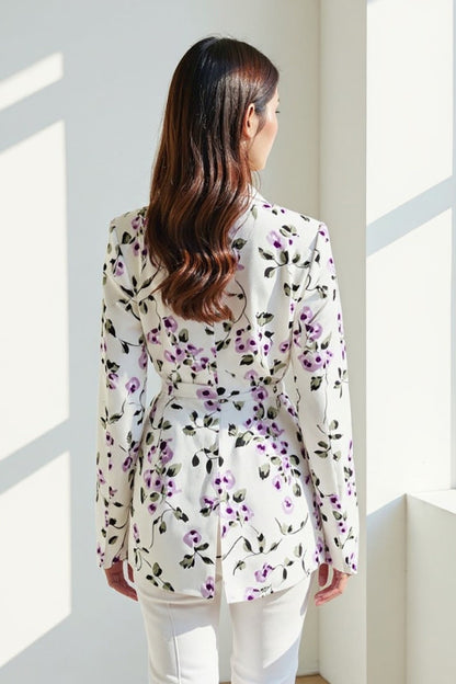 Blazer Femme | Fluide et Fleurie | Blanc à Motif Violet