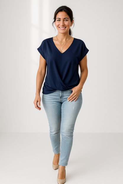 Blouse Femme Décontractée | Col V Croisé | Manches Repliées
