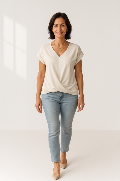 Blouse Femme Décontractée | Col V Croisé | Manches Repliées