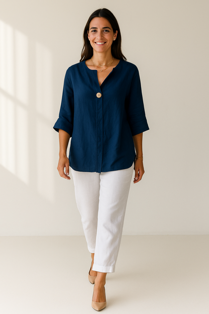 Blouse Femme d’Été | Lin & Coton Naturel | Bouton Contrasté
