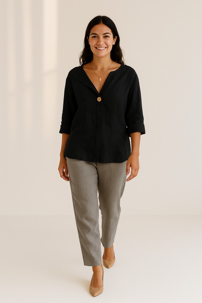 Blouse Femme d’Été | Lin & Coton Naturel | Bouton Contrasté