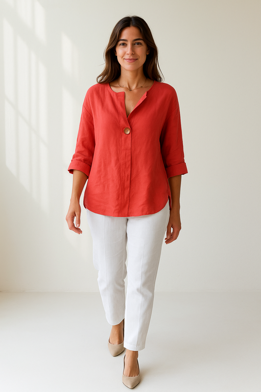 Blouse Femme d’Été | Lin & Coton Naturel | Bouton Contrasté