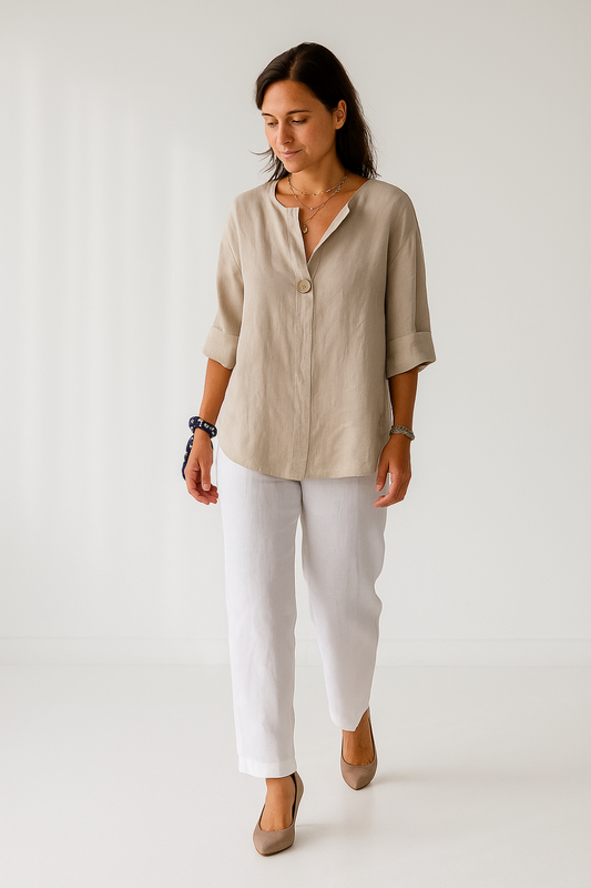 Blouse Femme d’Été | Lin & Coton Naturel | Bouton Contrasté