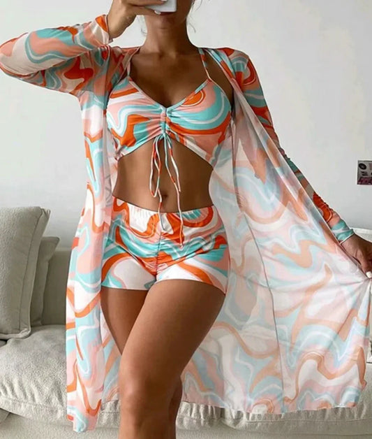 Céline - Ensemble Maillot de Bain Femme Trois Pièces Bohème avec Kimono et Short Imprimé