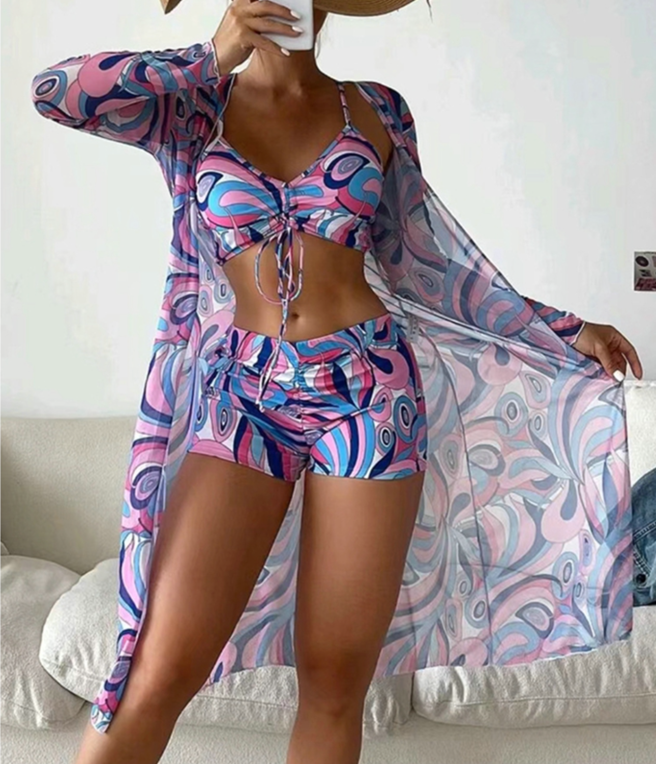 Céline - Ensemble Maillot de Bain Femme Trois Pièces Bohème avec Kimono et Short Imprimé