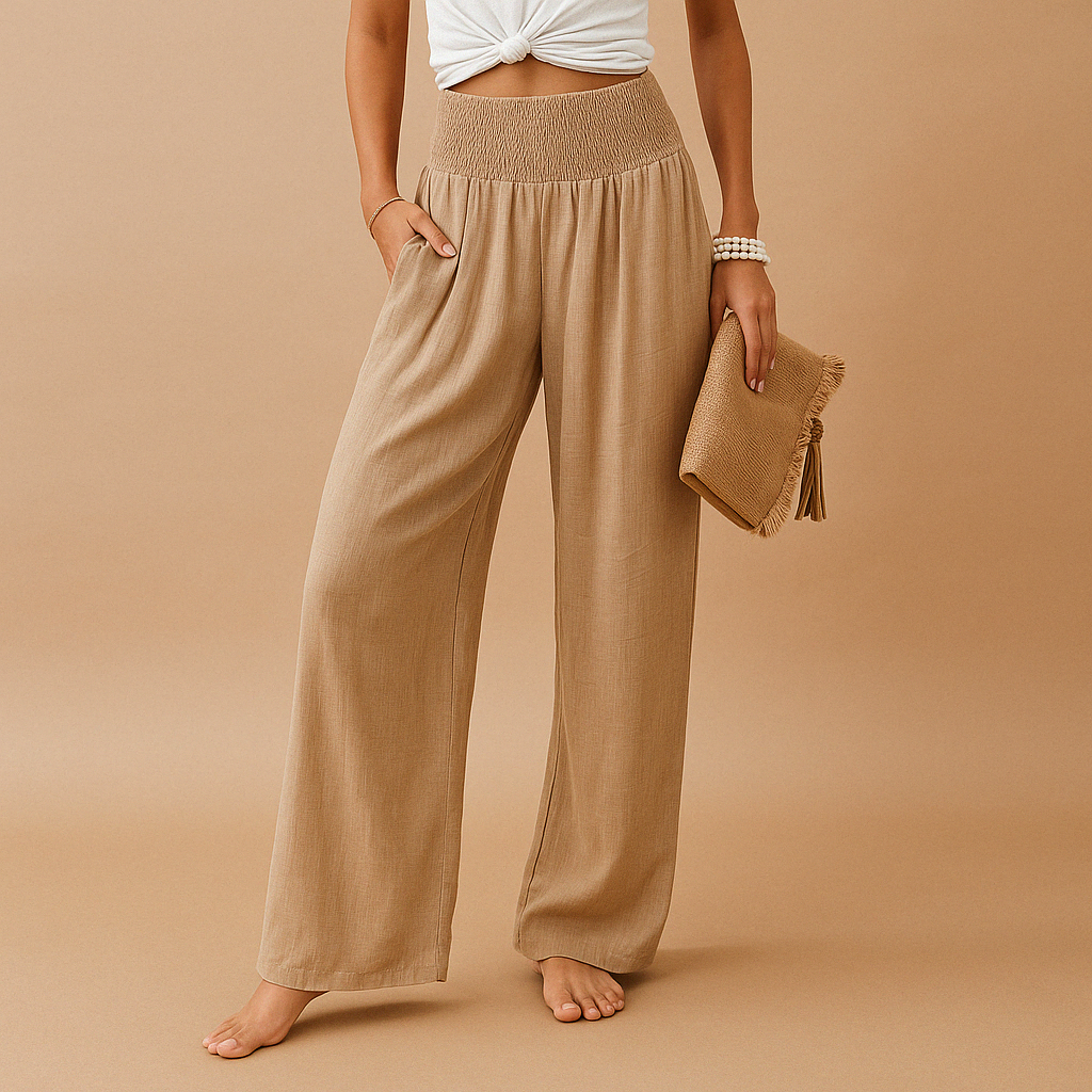 Céline - Pantalon en Lin Femme Fluide Jambe Large avec Ceinture Smockée Haute et Poches