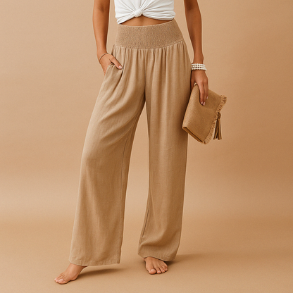 Céline - Pantalon en Lin Femme Fluide Jambe Large avec Ceinture Smockée Haute et Poches