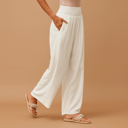Céline - Pantalon en Lin Femme Fluide Jambe Large avec Ceinture Smockée Haute et Poches
