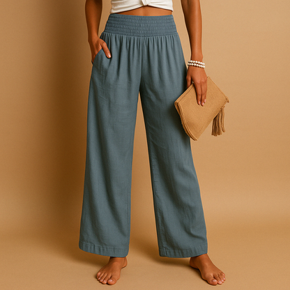 Céline - Pantalon en Lin Femme Fluide Jambe Large avec Ceinture Smockée Haute et Poches