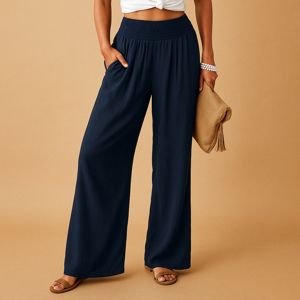 Céline - Pantalon en Lin Femme Fluide Jambe Large avec Ceinture Smockée Haute et Poches