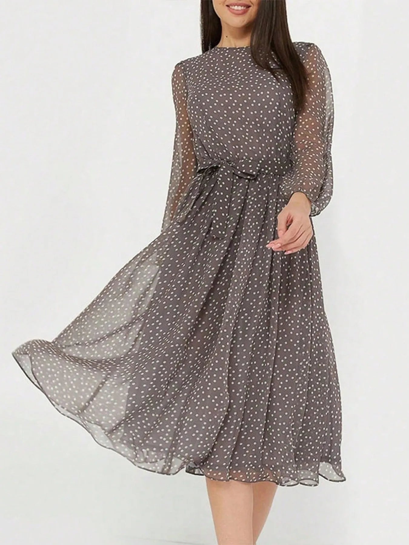 Céline - Robe Invitée Mariage Femme Romantique à Pois avec Manches Longues et Ceinture