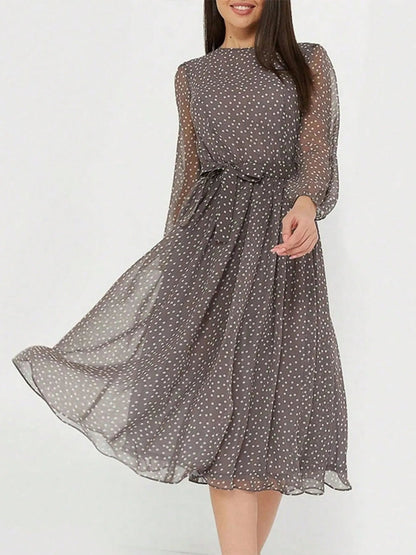 Céline - Robe Invitée Mariage Femme Romantique à Pois avec Manches Longues et Ceinture
