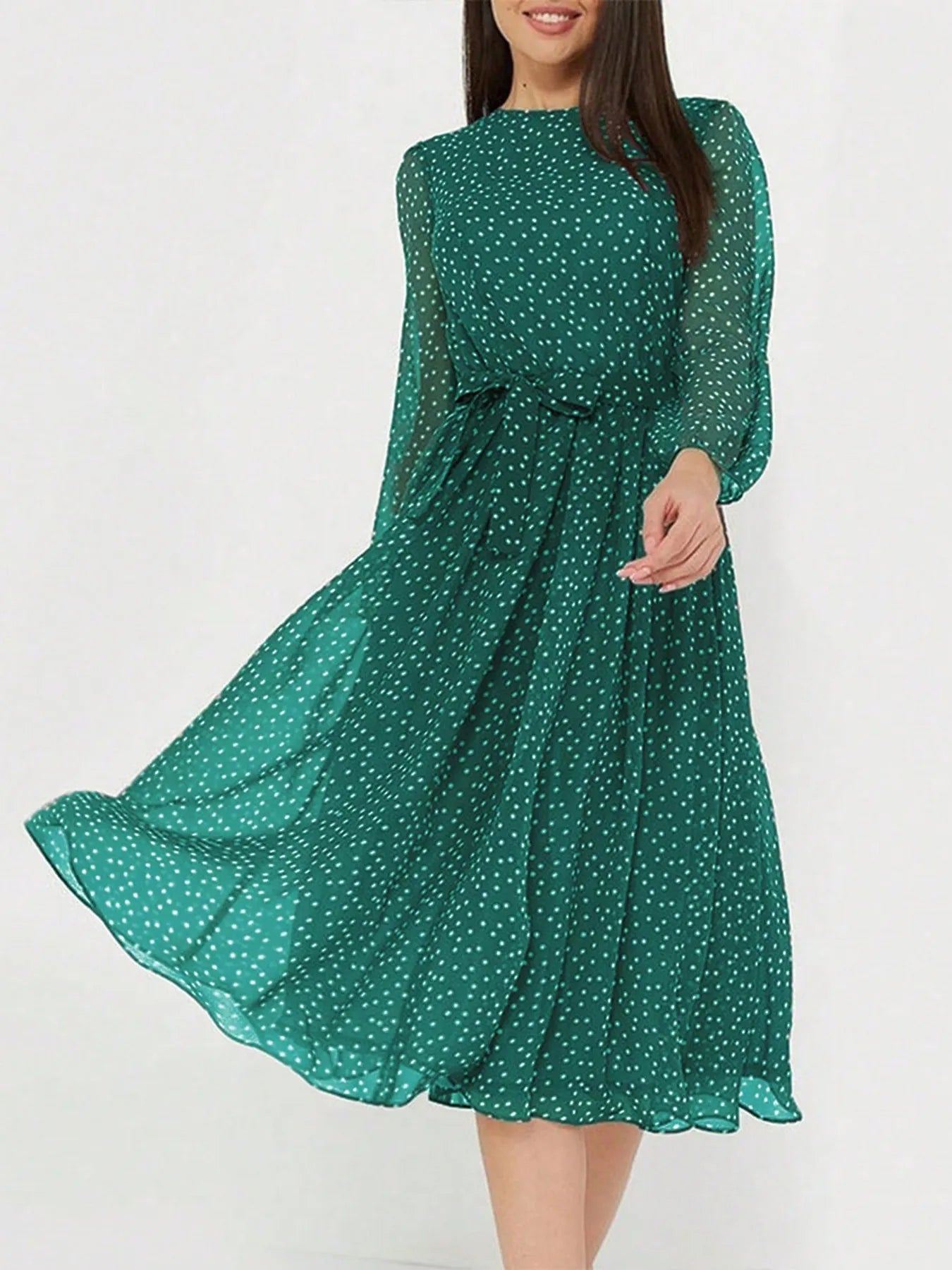 Céline - Robe Invitée Mariage Femme Romantique à Pois avec Manches Longues et Ceinture