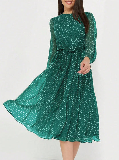 Céline - Robe Invitée Mariage Femme Romantique à Pois avec Manches Longues et Ceinture