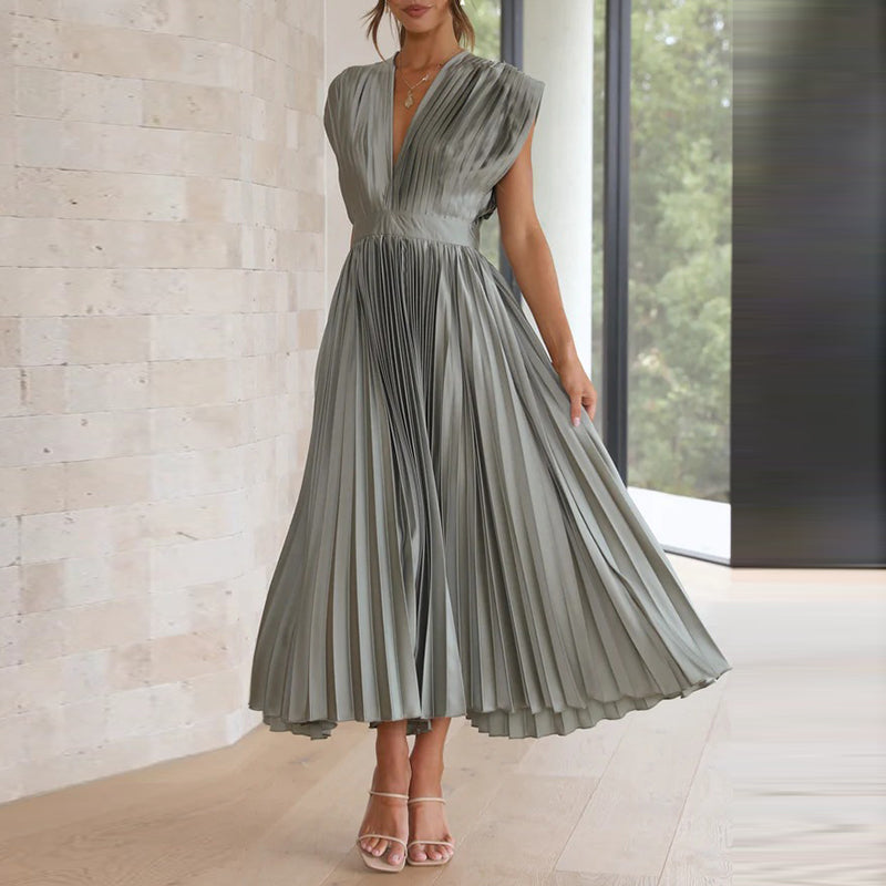 Céline - Robe Invitée Mariage Femme Élégante Plissée Col V et Jupe Évasée