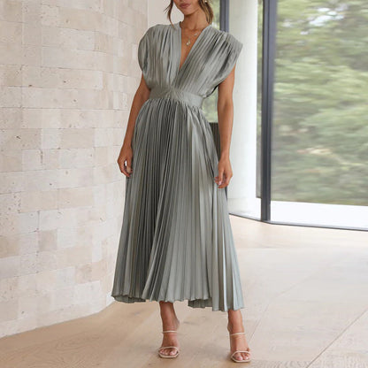 Céline - Robe Invitée Mariage Femme Élégante Plissée Col V et Jupe Évasée