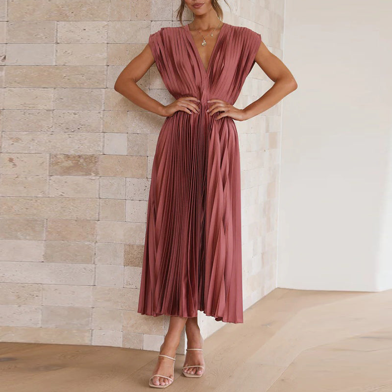 Céline - Robe Invitée Mariage Femme Élégante Plissée Col V et Jupe Évasée