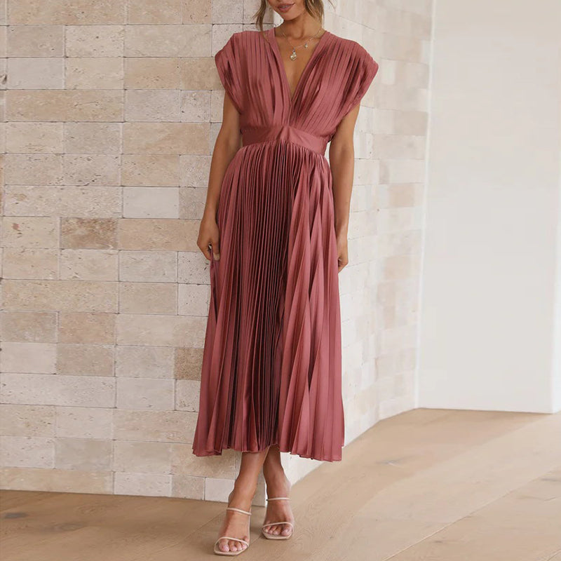 Céline - Robe Invitée Mariage Femme Élégante Plissée Col V et Jupe Évasée