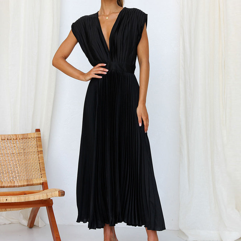 Céline - Robe Invitée Mariage Femme Élégante Plissée Col V et Jupe Évasée